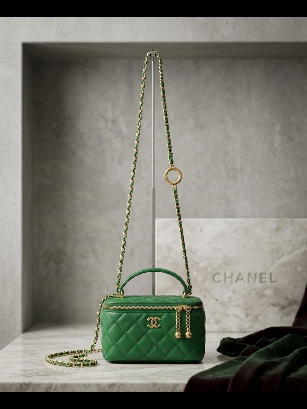 CHANEL Green Quilted Vanity Crossbody Bag with Gold Hardware